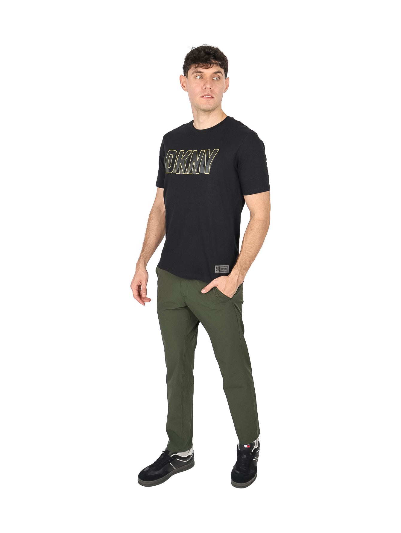 DKNY Playera letras amarilla y gris