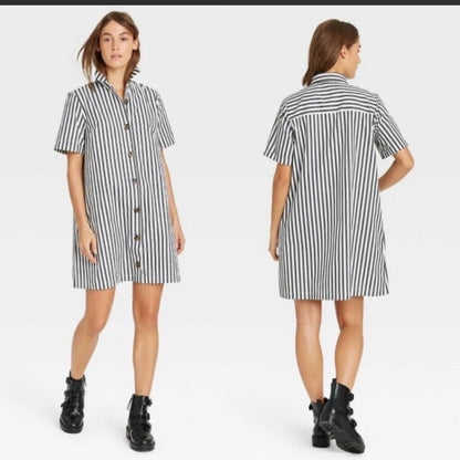 Vestido Camisero Casual Rayado De Botones Corte A
